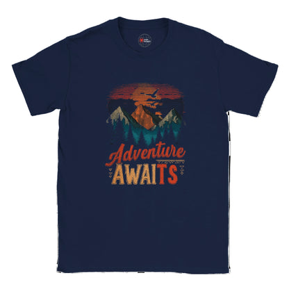 Navy blue t-shirt with 'Adventure Awaits' graphic on a white background
