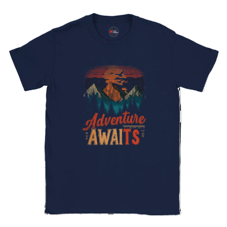 Navy blue t-shirt with 'Adventure Awaits' graphic on a white background