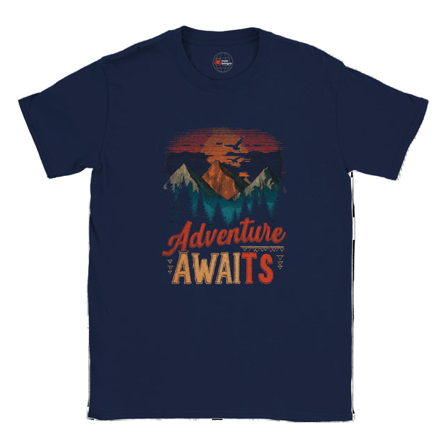 Navy blue t-shirt with 'Adventure Awaits' graphic on a white background