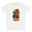 White t-shirt with a colorful graphic design featuring surfboards and palm trees, with 'Myts' branding.