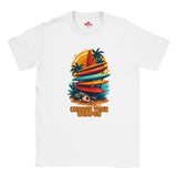 White t-shirt with a colorful graphic design featuring surfboards and palm trees, with 'Myts' branding.