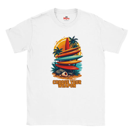 White t-shirt with a colorful graphic design featuring surfboards and palm trees, with 'Myts' branding.