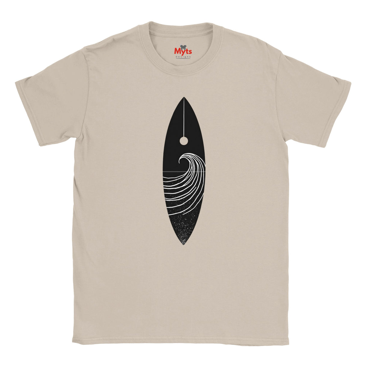 Natural t-shirt with a black and white graphic design on a white background