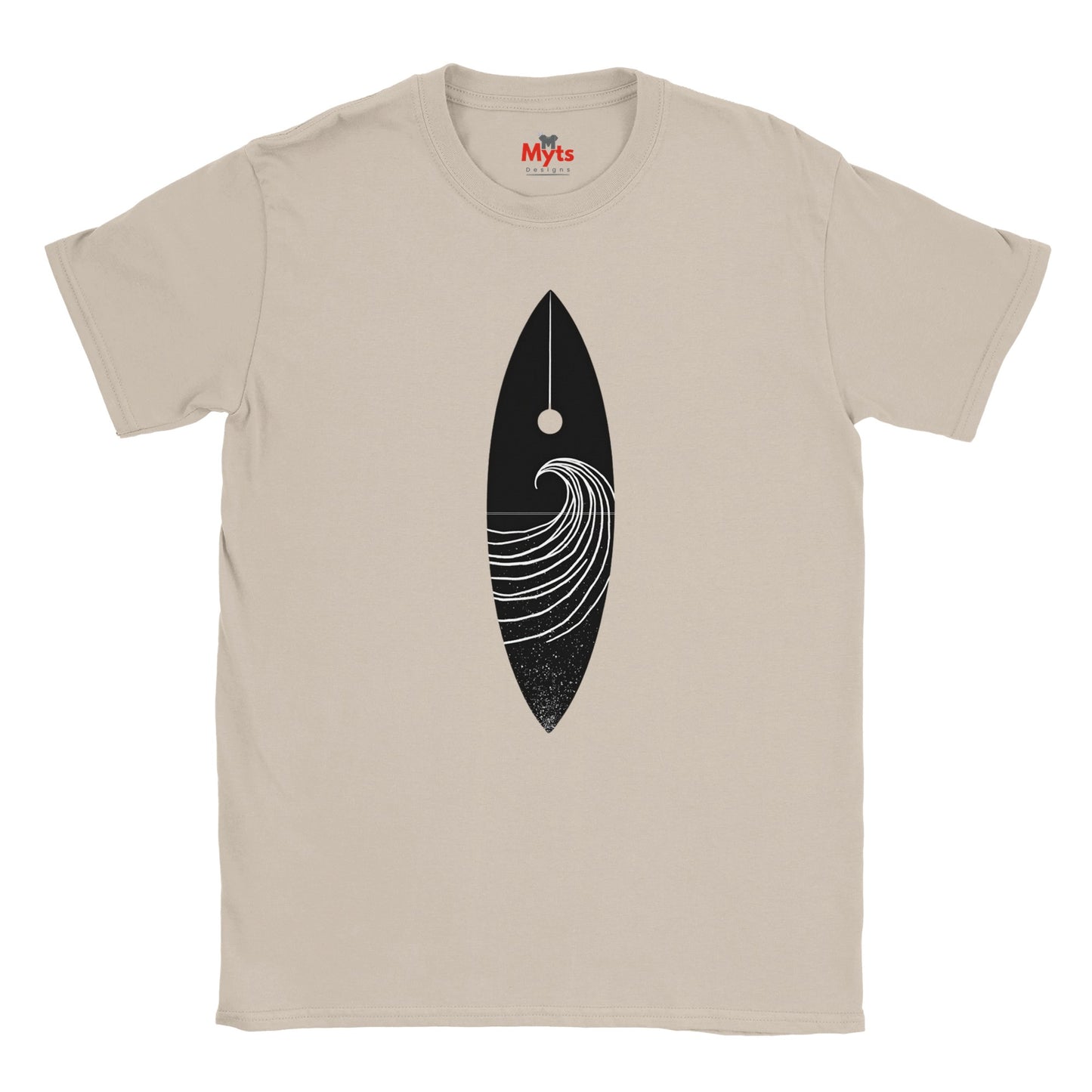 Natural t-shirt with a black and white graphic design on a white background