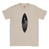 Natural t-shirt with a black and white graphic design on a white background