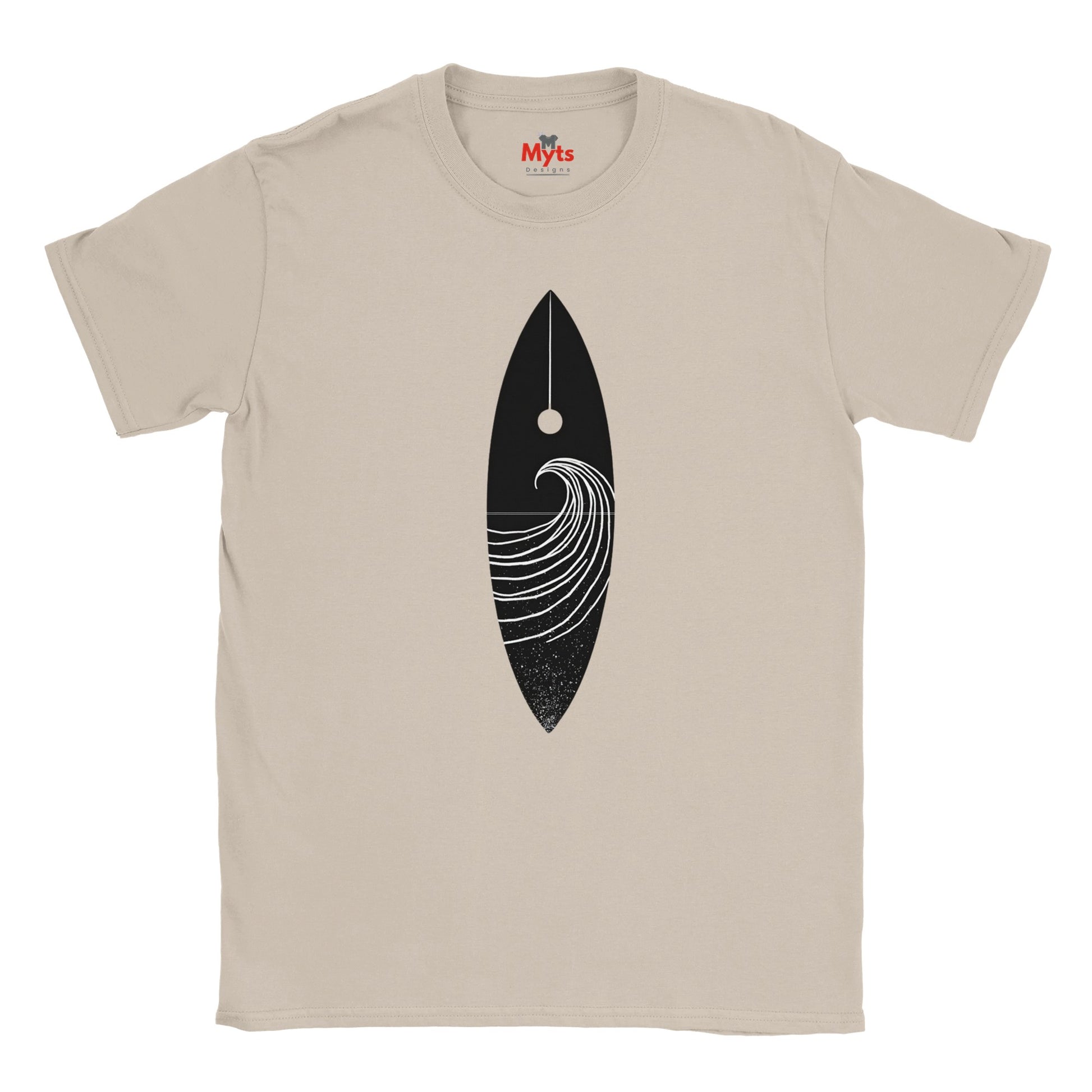 Natural t-shirt with a black and white graphic design on a white background