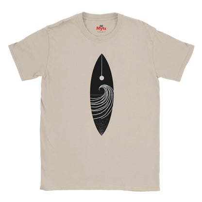 Natural t-shirt with a black and white graphic design on a white background