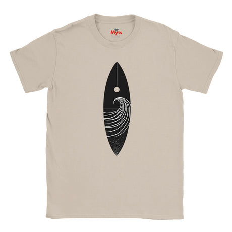 Natural t-shirt with a black and white graphic design on a white background