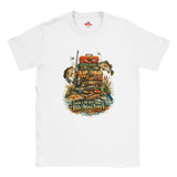 White t-shirt with fishing-themed graphic and 'Myts' branding on a white background