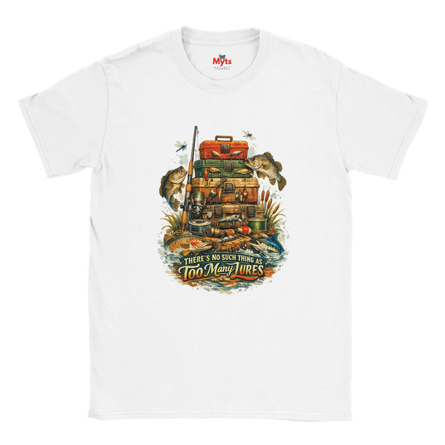 White t-shirt with fishing-themed graphic and 'Myts' branding on a white background