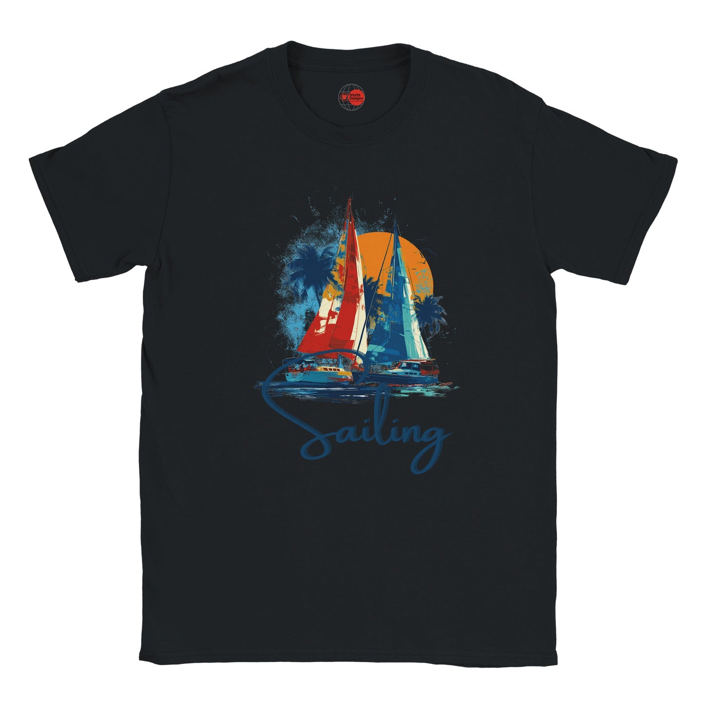 Black t-shirt with a sailboat graphic and 'Sailing' text on a white background