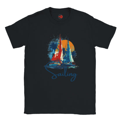 Black t-shirt with a sailboat graphic and 'Sailing' text on a white background