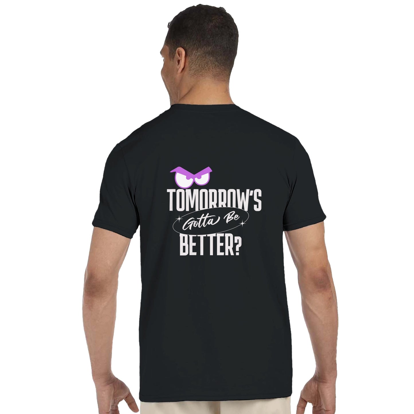 Person wearing a black t-shirt with text and a graphic on the back, on a white background