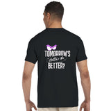 Person wearing a black t-shirt with text and a graphic on the back, on a white background
