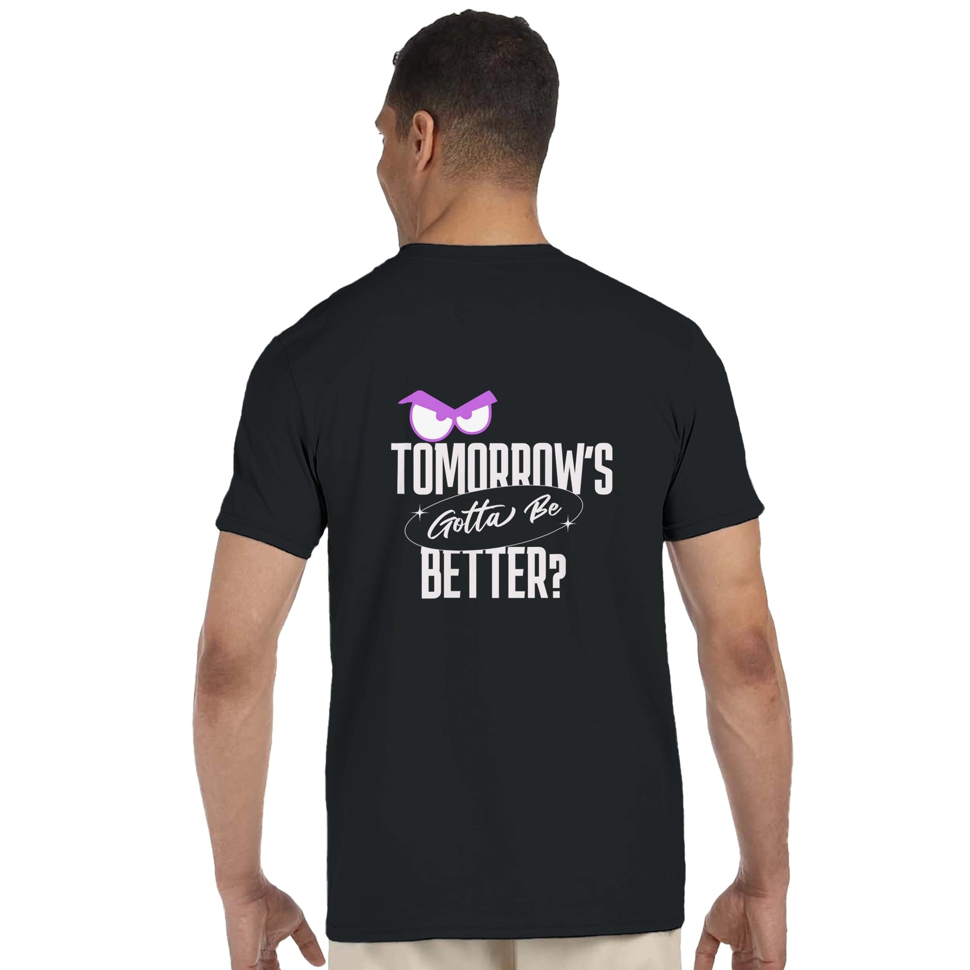 Person wearing a black t-shirt with text and a graphic on the back, on a white background