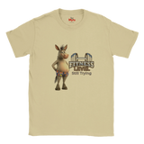 Natural cream graphic T-shirt featuring a humorous cartoon donkey and Fitness Level Still Trying dumbbell design.
