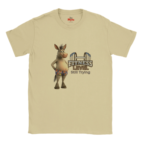 Natural cream graphic T-shirt featuring a humorous cartoon donkey and Fitness Level Still Trying dumbbell design.
