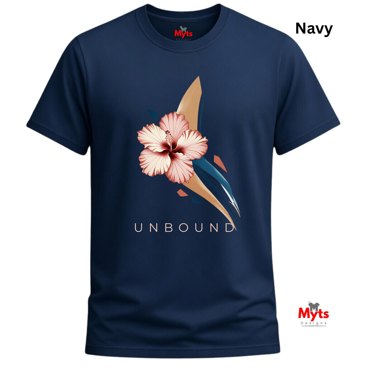 Navy-coloured UNBOUND floral graphic T-shirt featuring a soft pink hibiscus and contemporary botanical artwork.