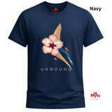 Navy-coloured UNBOUND floral graphic T-shirt featuring a soft pink hibiscus and contemporary botanical artwork.