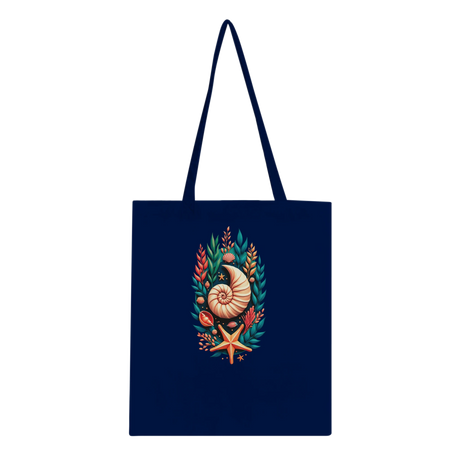 A navy blue canvas tote bag with long shoulder straps, featuring a central graphic print of a nautilus shell, starfish, and botanical elements in orange, teal, and cream, set against a plain white background.