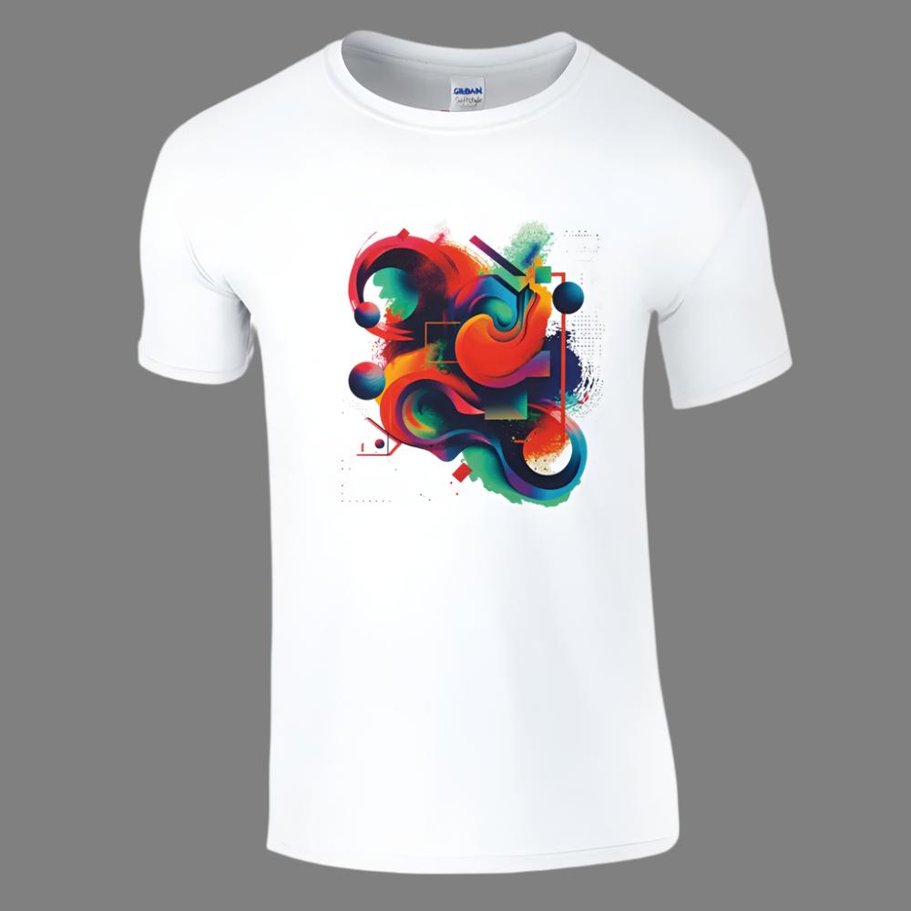 A unisex t-shirt with a vibrant geometric design in rich colors on a white background.