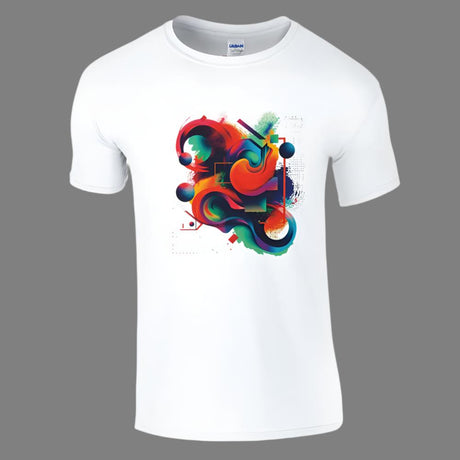 A unisex t-shirt with a vibrant geometric design in rich colors on a white background.