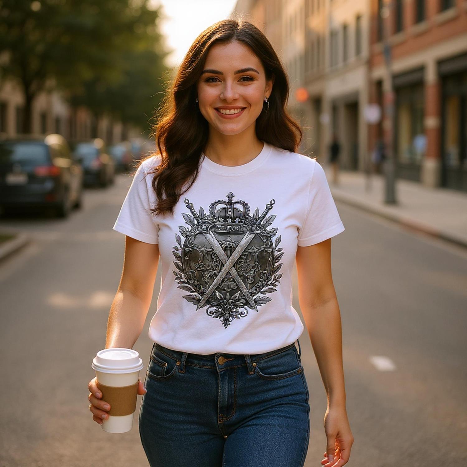 Woman walking down a street holding a coffee cup, wearing a white t-shirt with a black graphic design.
