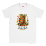 White t-shirt with a colorful graphic of books and flowers, featuring the text 'There's no such thing as too many books'.