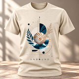 “Natural Coastal Nautilus T-shirt mockup with shell, ocean waves and botanical artwork”