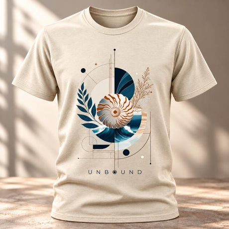 “Natural Coastal Nautilus T-shirt mockup with shell, ocean waves and botanical artwork”