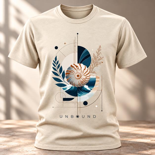 “Natural Coastal Nautilus T-shirt mockup with shell, ocean waves and botanical artwork”