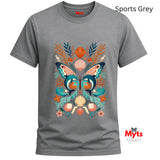 Sports grey crew-neck T-shirt featuring colourful dolphins, butterfly wings, shells and marine foliage.