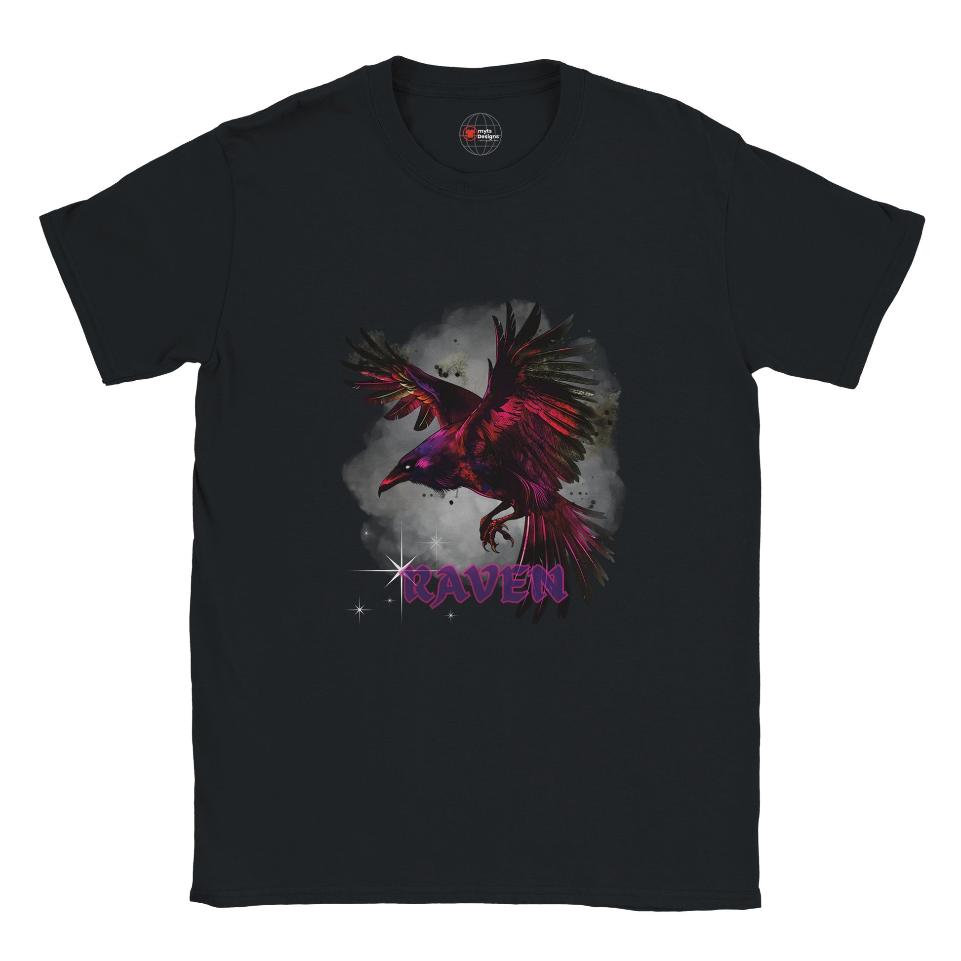 Black unisex T-shirt with a vivid magenta-and-black raven in flight against a smoky grey background and gothic purple “RAVEN” text, modeled outdoors by MytsDesigns.