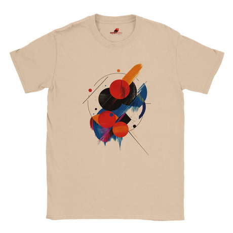 "Geometric space-inspired t-shirt with vivid cosmic colors and planet eclipse design"