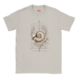 “Front view of a light neutral Unbound Nautilus T-shirt with seashell, botanical and geometric artwork.”
