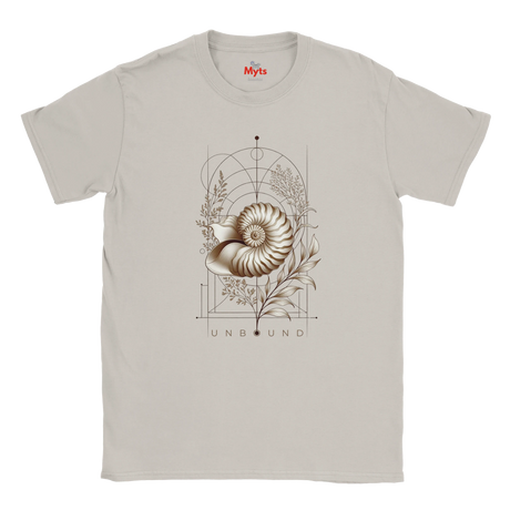 “Front view of a light neutral Unbound Nautilus T-shirt with seashell, botanical and geometric artwork.”