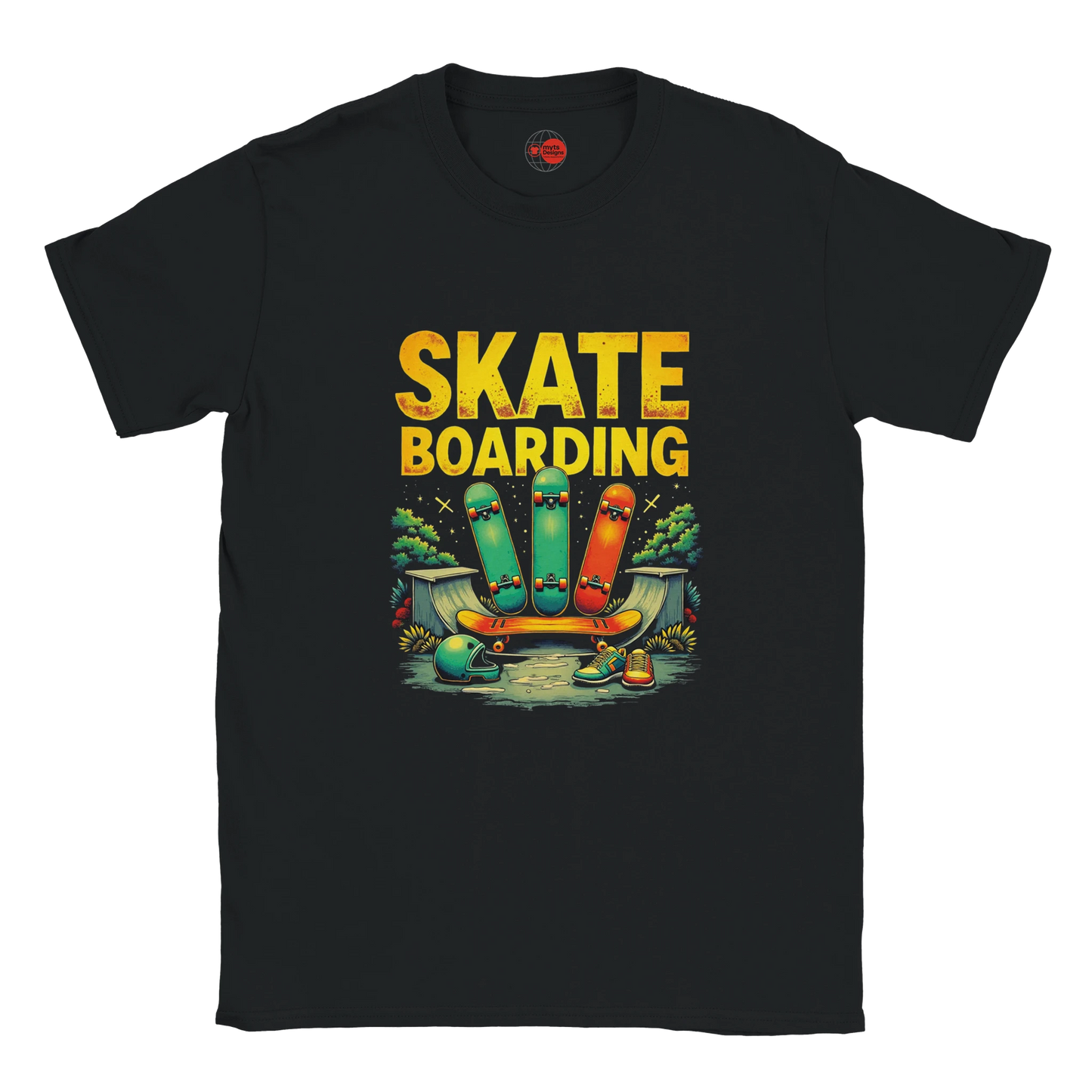 Black t-shirt with 'Skate Boarding' graphic design featuring colorful skateboards and a ramp on a white background.