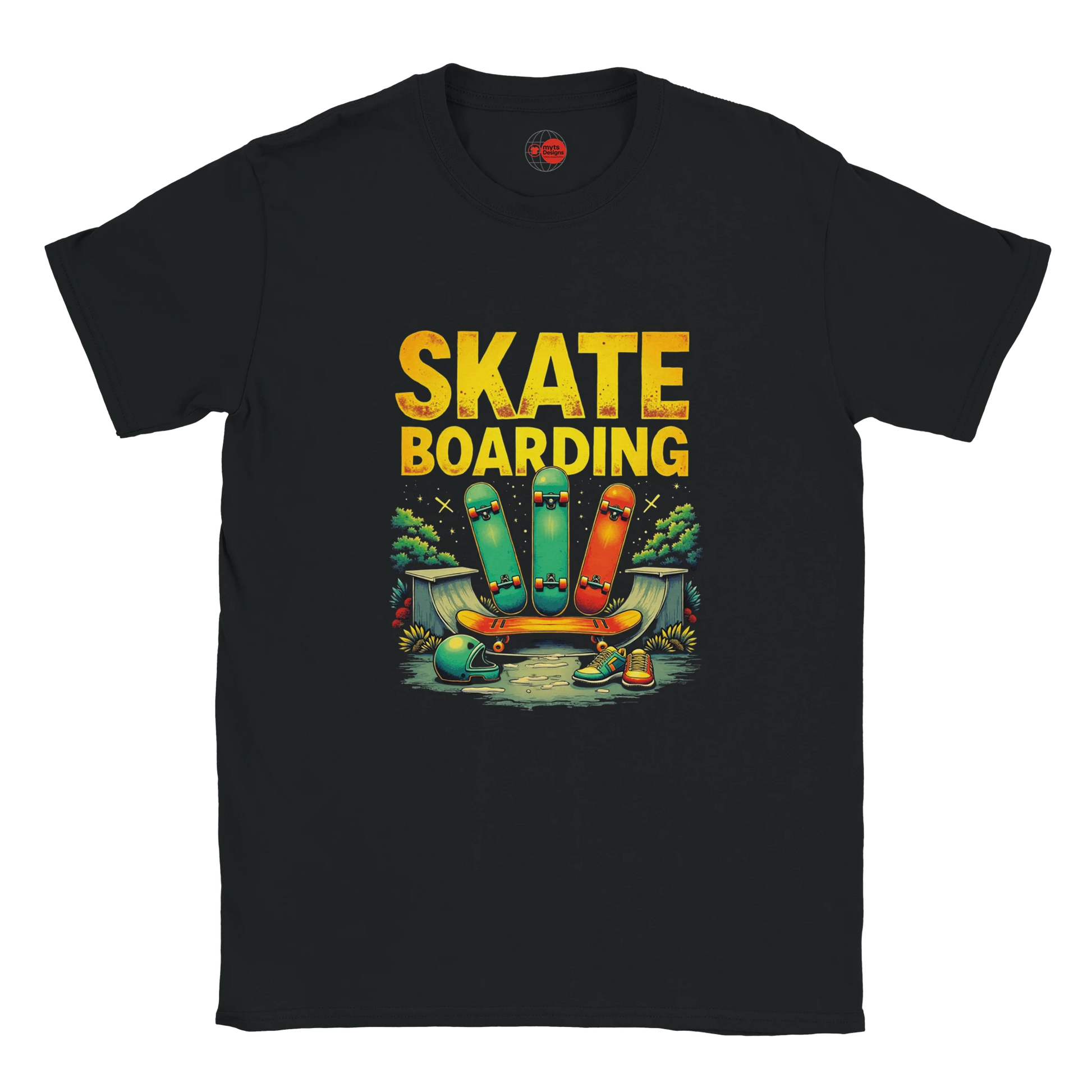 Black t-shirt with 'Skate Boarding' graphic design featuring colorful skateboards and a ramp on a white background.
