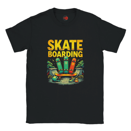 Black t-shirt with 'Skate Boarding' graphic design featuring colorful skateboards and a ramp on a white background.