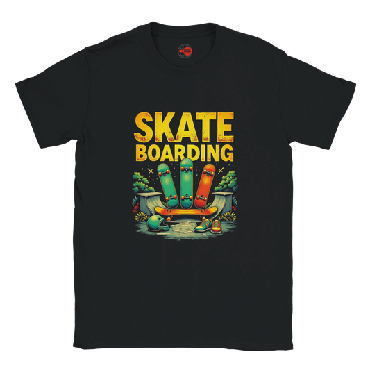 Black t-shirt with 'Skate Boarding' graphic design featuring colorful skateboards and a ramp on a white background.