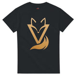 Black T-shirt with a gold Fox & Tail V Logo minimalist design 