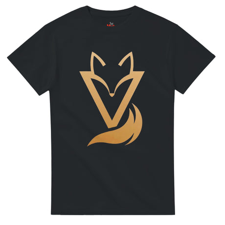 Black T-shirt with a gold Fox & Tail V Logo minimalist design 