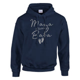 A navy blue hoodie with the text 'Mama Cookin' Baba' printed on the front.