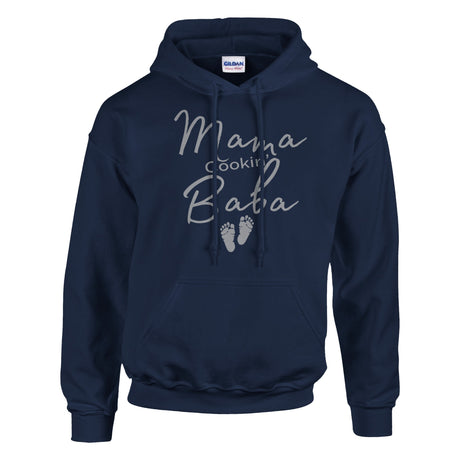 A navy blue hoodie with the text 'Mama Cookin' Baba' printed on the front.