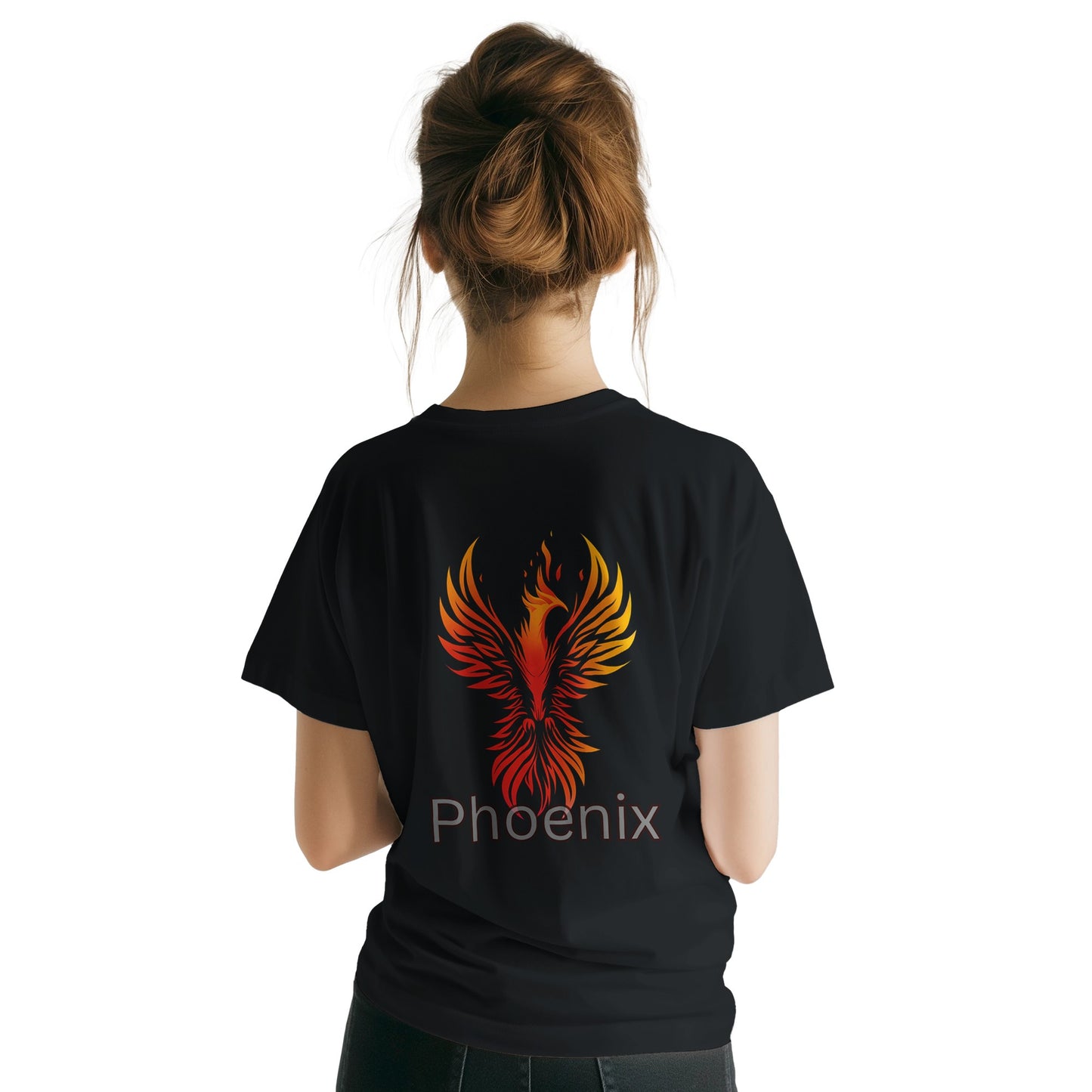 Person wearing a black t-shirt with a phoenix design and 'Phoenix' text on the back.