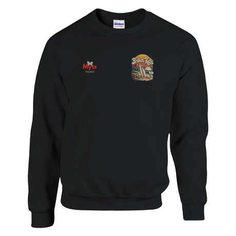 Broken Relic black unisex crewneck sweatshirt with small front surf graphic and large vintage surfboard beach design on back