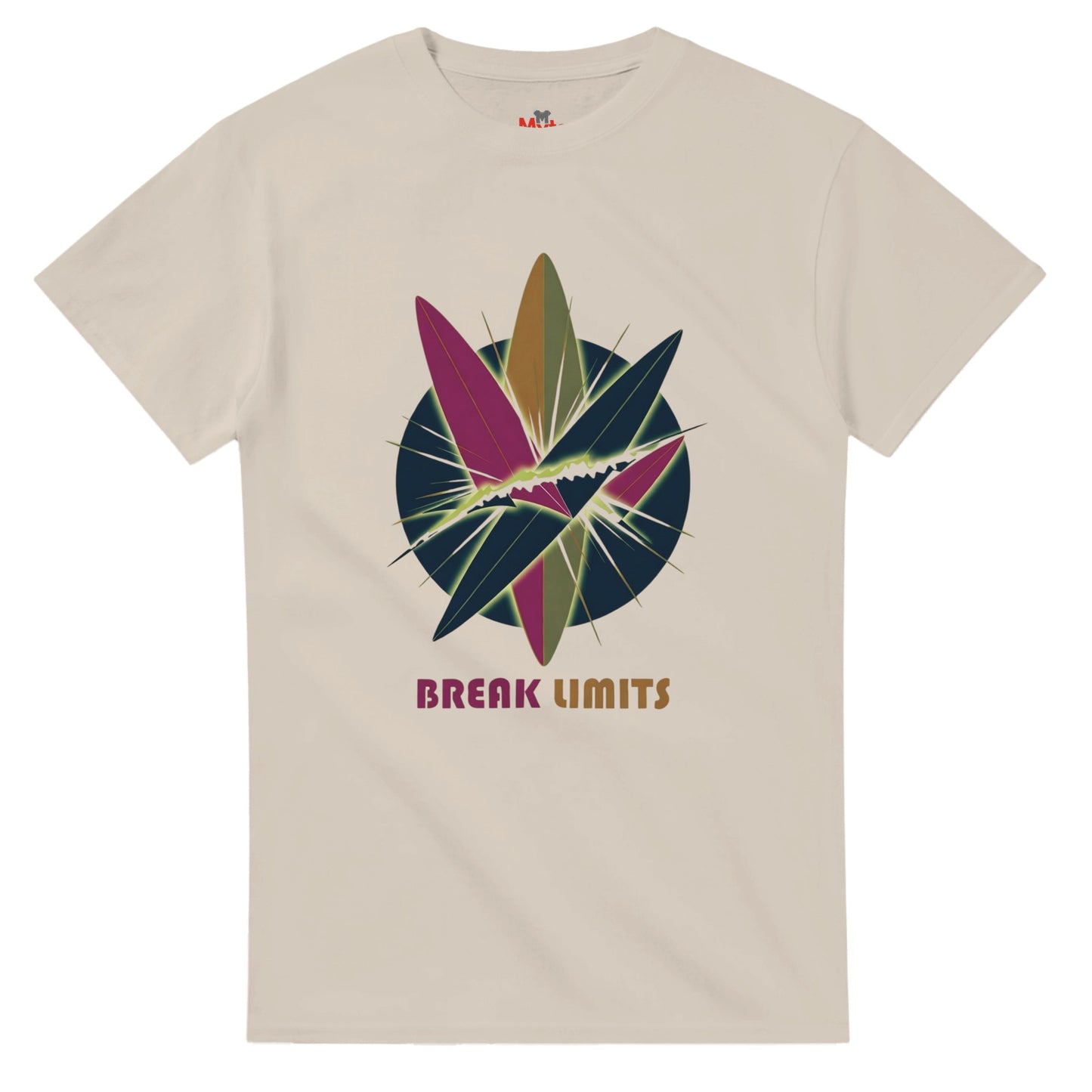 Sand t-shirt with a colorful graphic design and 'Break Limits' text on a white background