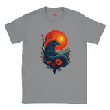 Gray t-shirt with a dragon design featuring a sunset and flowers on a white background