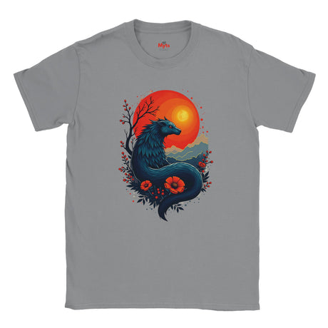 Gray t-shirt with a dragon design featuring a sunset and flowers on a white background