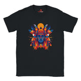 Front view of T-shirt with American Indian-style geometric vector design on black cotton fabric – soft unisex fit